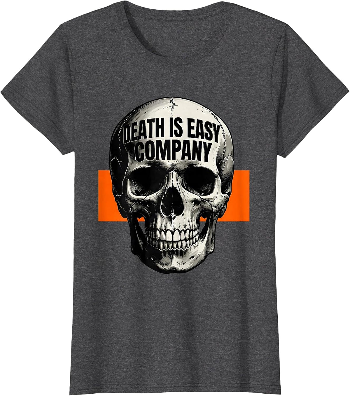Women's Death Is Easy Company Brutalist Skull Graphic Punk Art T-Shirt - Dark Heather Grey