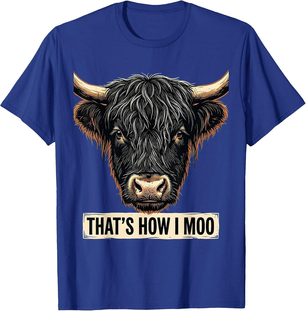 Men's That's How I Moo Funny Highland Cow Linocut Floral Humor T-Shirt - Royal Blue