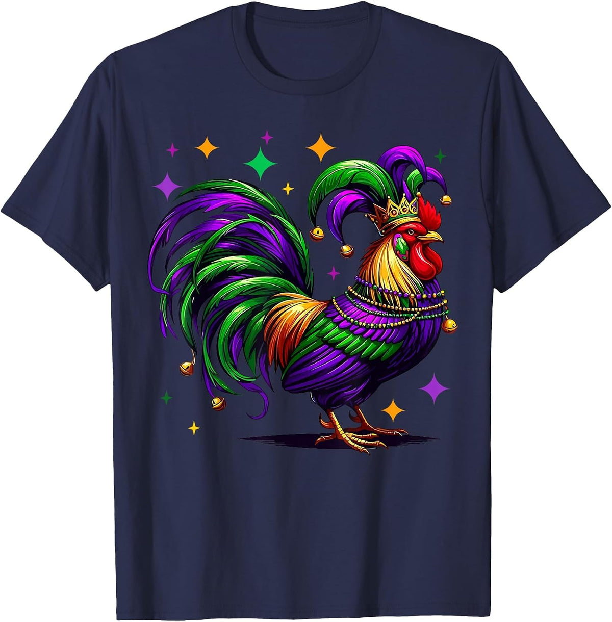 Rooster Wearing Jester Hat Mardi Gras Fun T-Shirt - Navy Blue