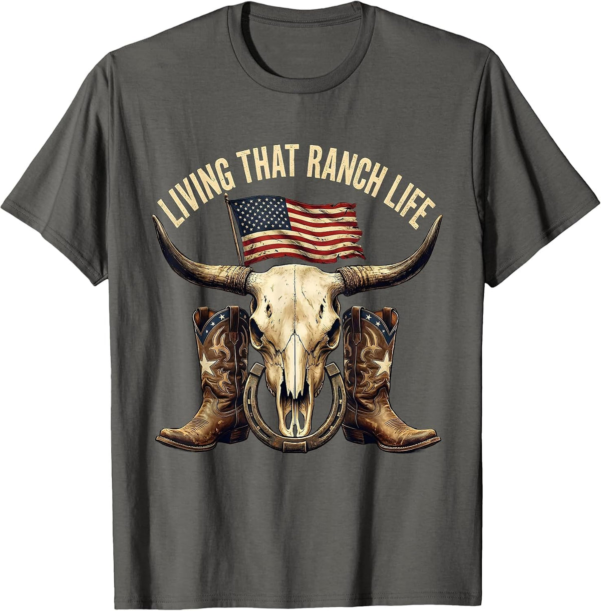 Men's Living That Ranch Life Cowboy Graphic Design T-Shirt - Asphalt Grey