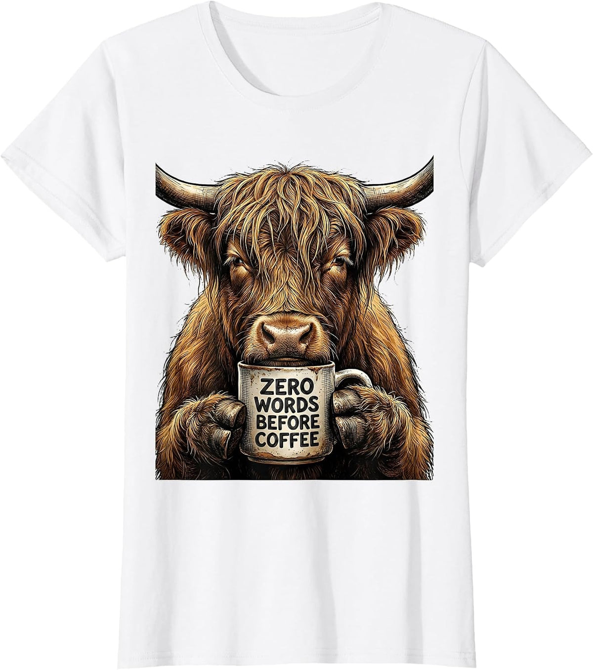 Zero Words Before Coffee Funny Highland Cow Coffee Lover T-Shirt - White