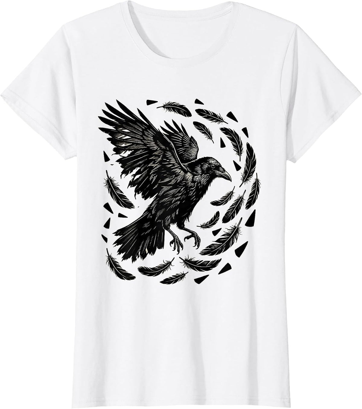 Women's Crow Molting Feathers Scattering in the Wind T-Shirt - White