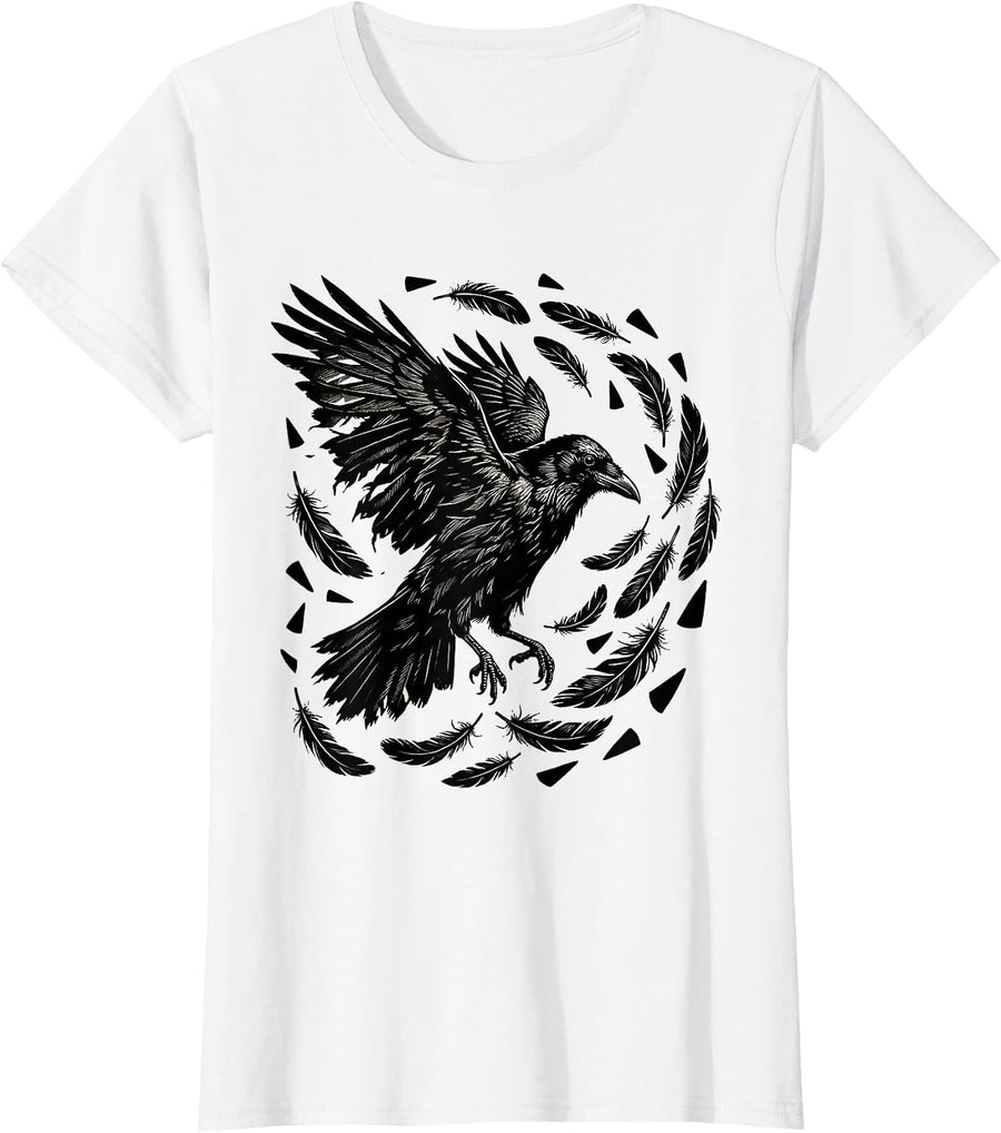 Women's Crow Molting Feathers Scattering in the Wind T-Shirt - White