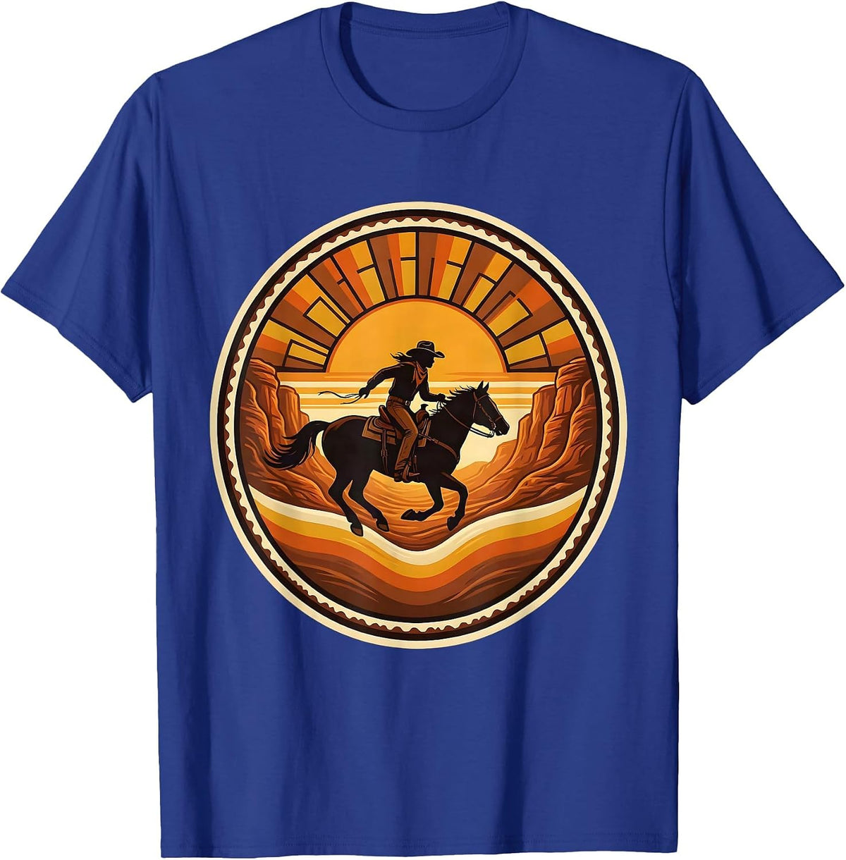Cowboy Rider Dusty Canyon Horse Illustration T-Shirt - Royal Blue