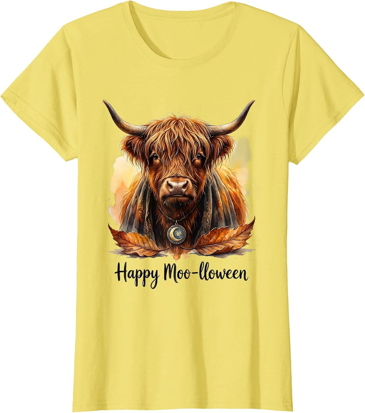 Happy Moo-lloween Whimsical Highland Cow Halloween Fall T-Shirt - Lemon Yellow