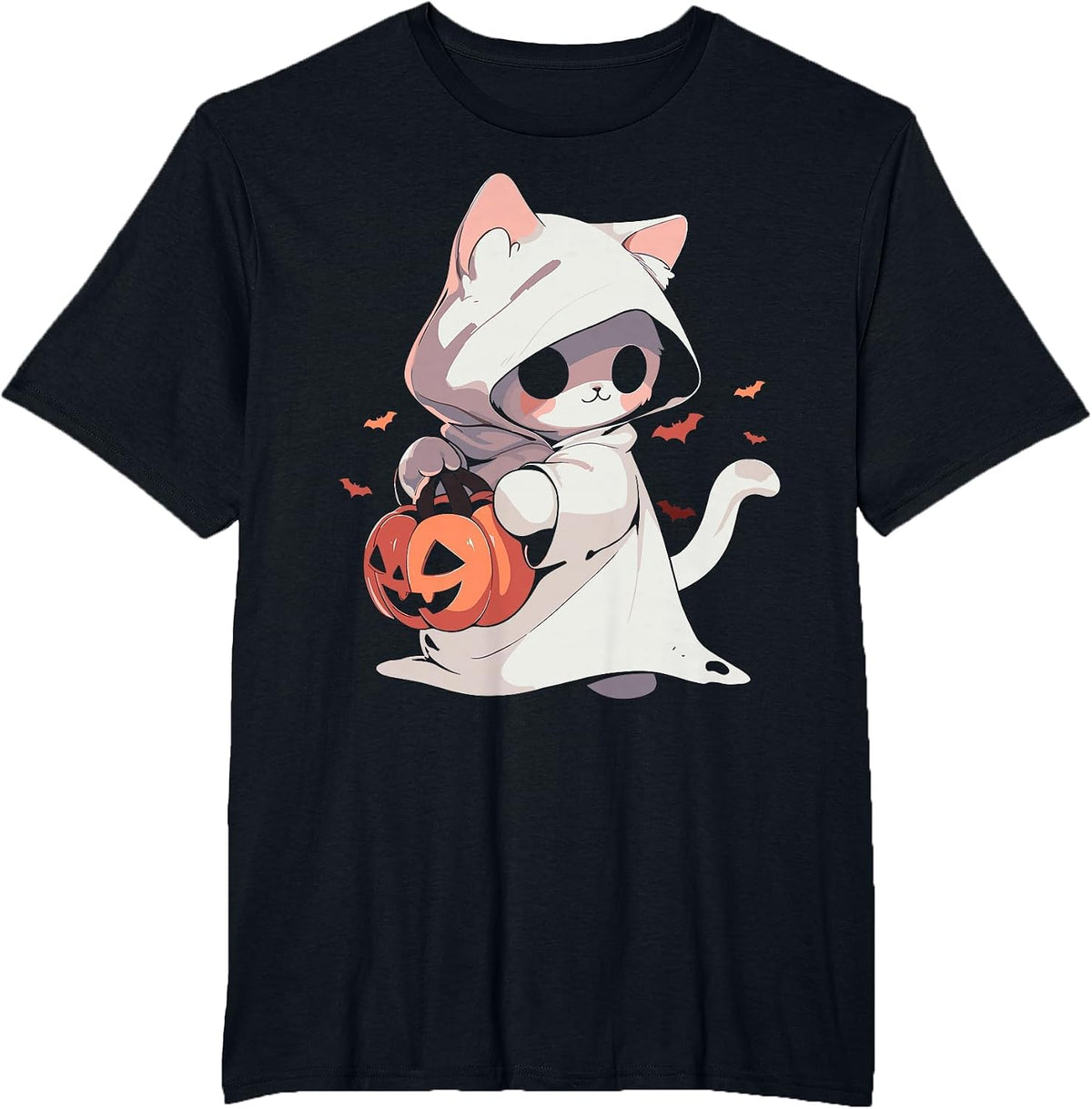 Cat Ghost Kawaii Neko Anime Halloween Costume Pumpkin Lover T-Shirt - Black
