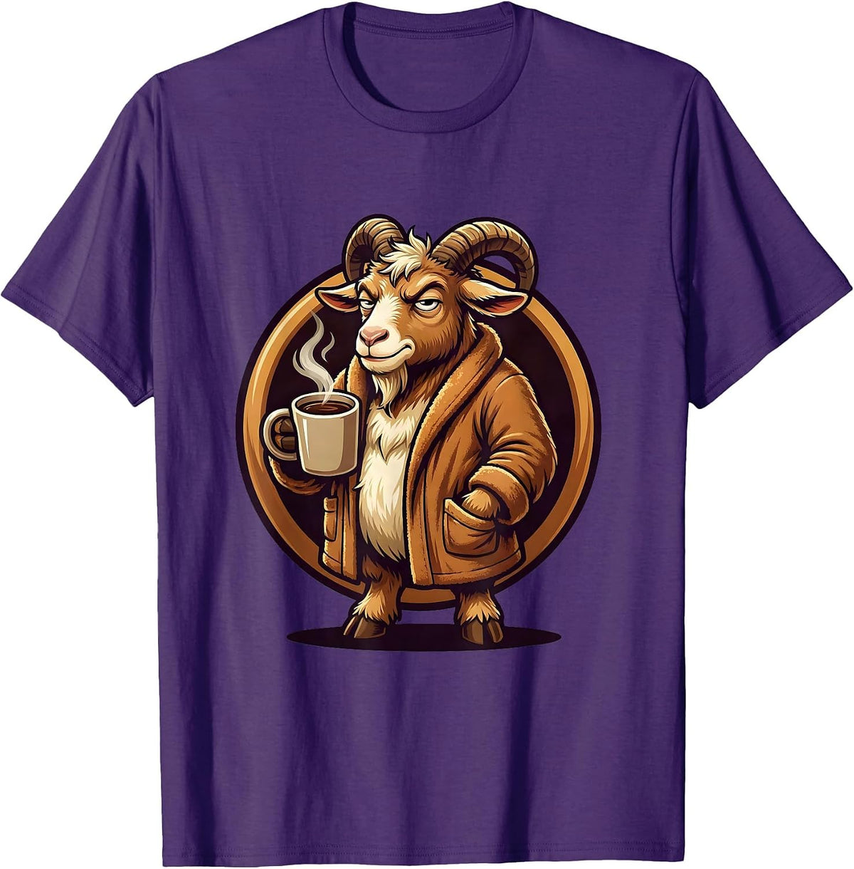 Men's Goat in Bathrobe Morning Coffee Funny Illustration T-Shirt - Purple