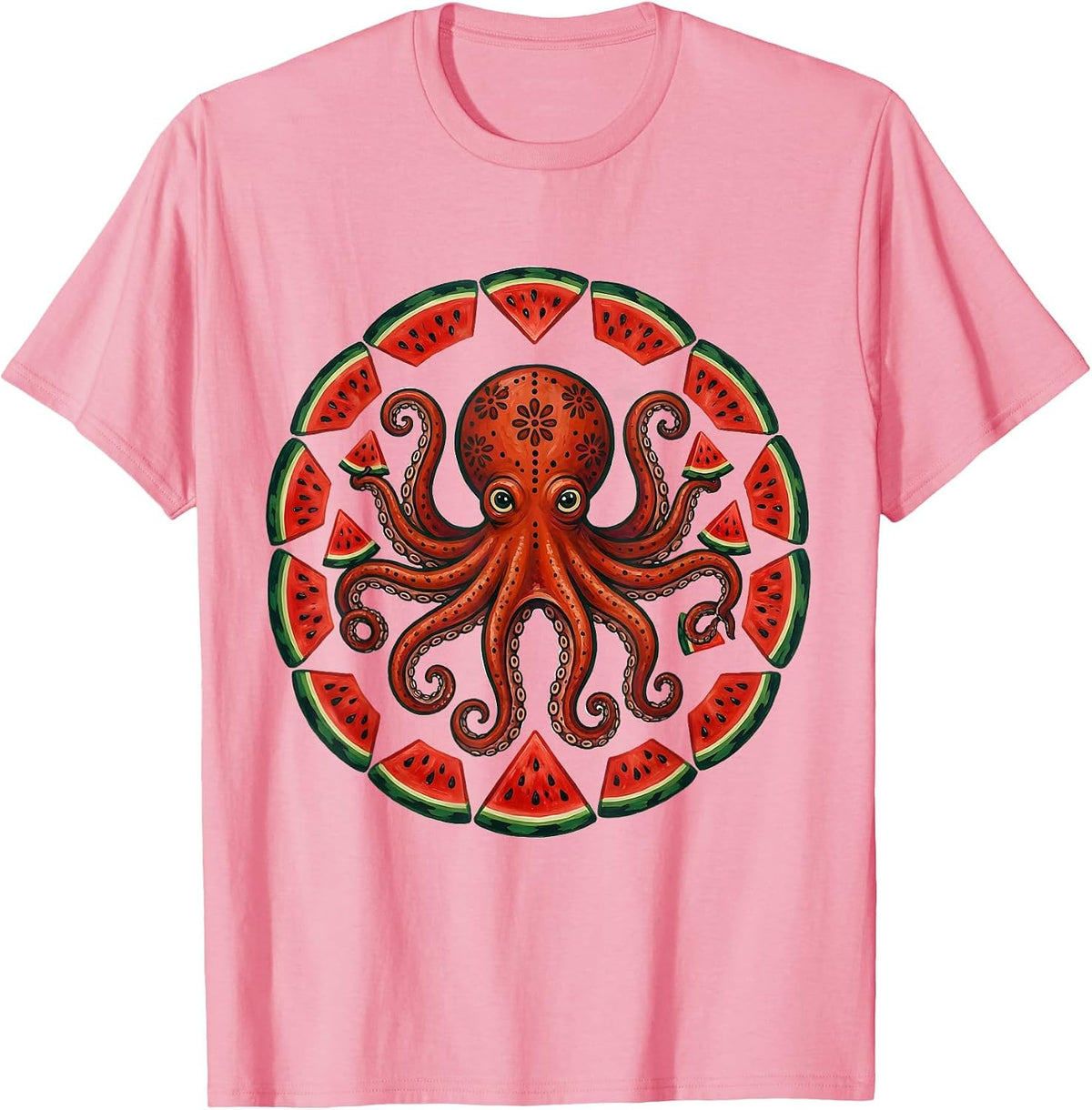 Men's Octopus Watermelon Slice Funny Summer Design T-Shirt - Pink