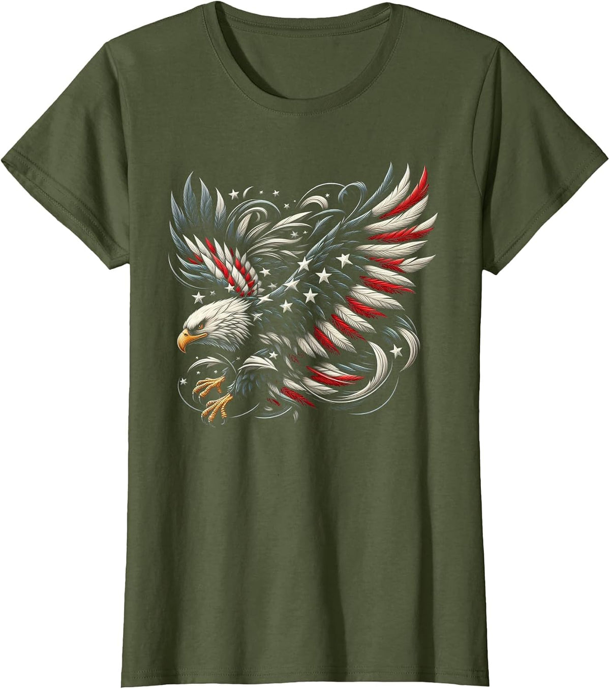 Patriotic American with Eagle and USA Flag T-Shirt - Olive Green