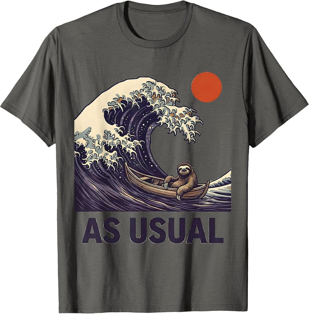 As Usual Funny Sloth Japanese Great Wave Animal Meme T-Shirt - Asphalt Grey