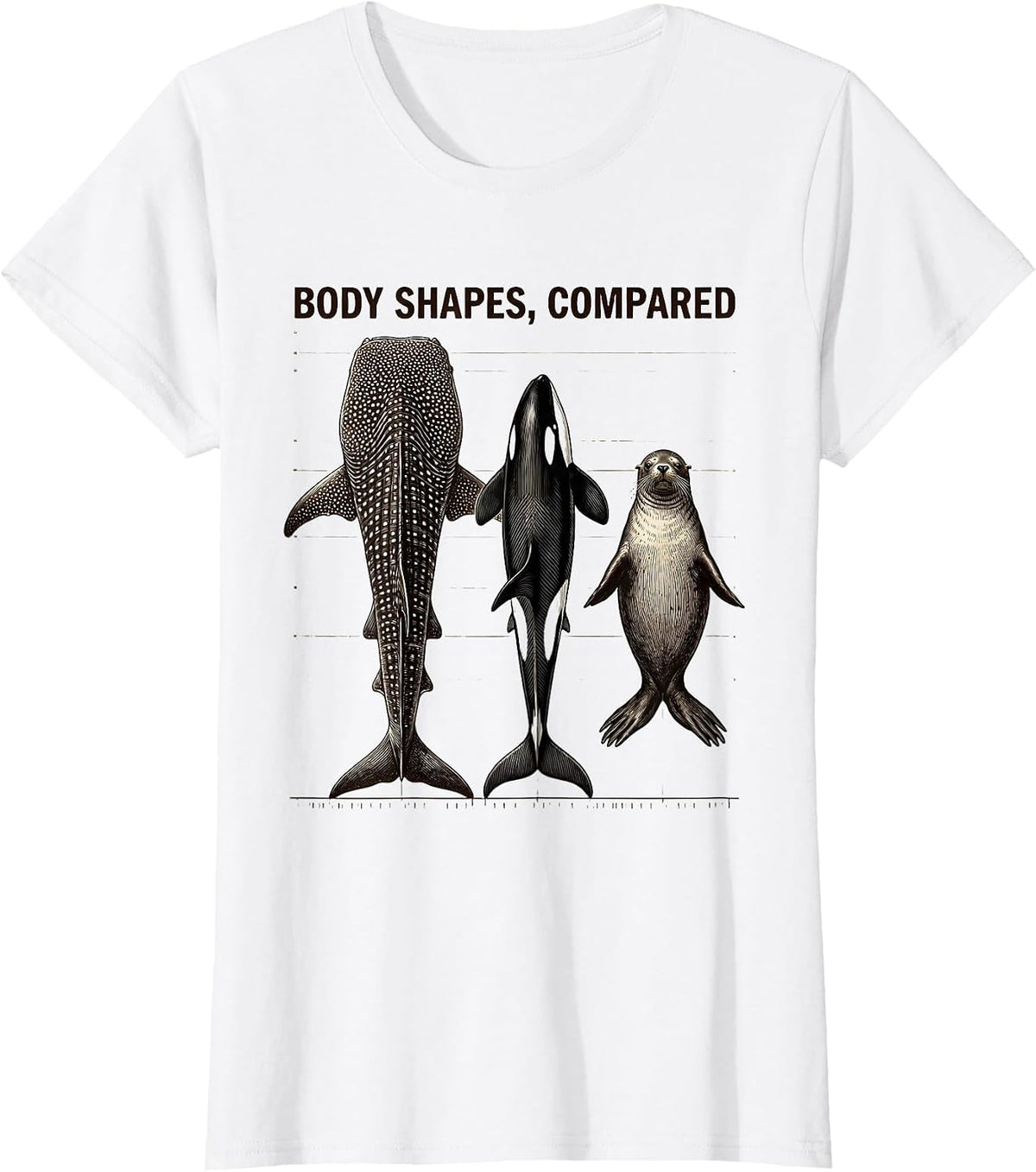 Body Shapes Compared Crosshatch Etching Whale Shark Orca T-Shirt - White