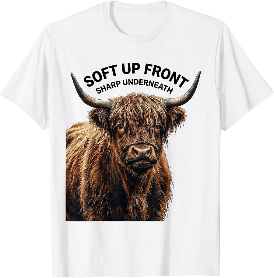Men's Soft Up Front Sharp Underneath Funny Highland Cow Cute T-Shirt - White