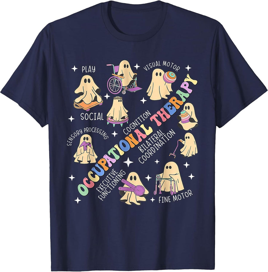 OT Occupational Therapy Therapist Halloween Spooky OTA Ghost T-Shirt - Navy Blue