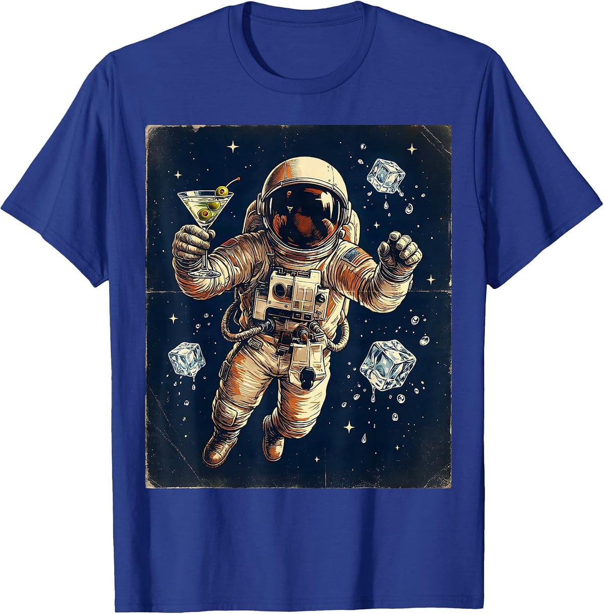 Men's Astronaut Floating With Cocktail in Space T-Shirt - Royal Blue