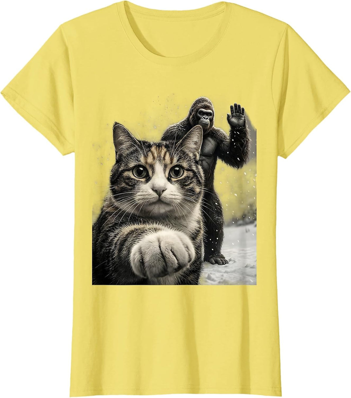 Women's Cute Cat Selfie With Sasquatch Funny Cryptid Meme T-Shirt - Lemon Yellow