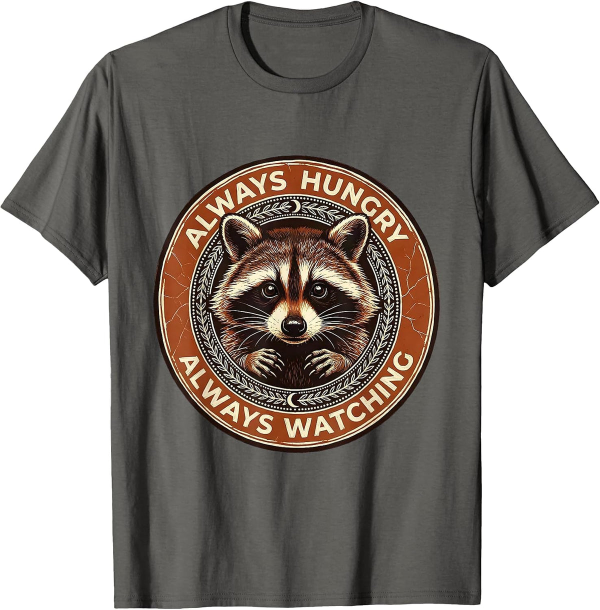 Always Hungry Always Watching Snacks Raccoon Design T-Shirt - Asphalt Grey