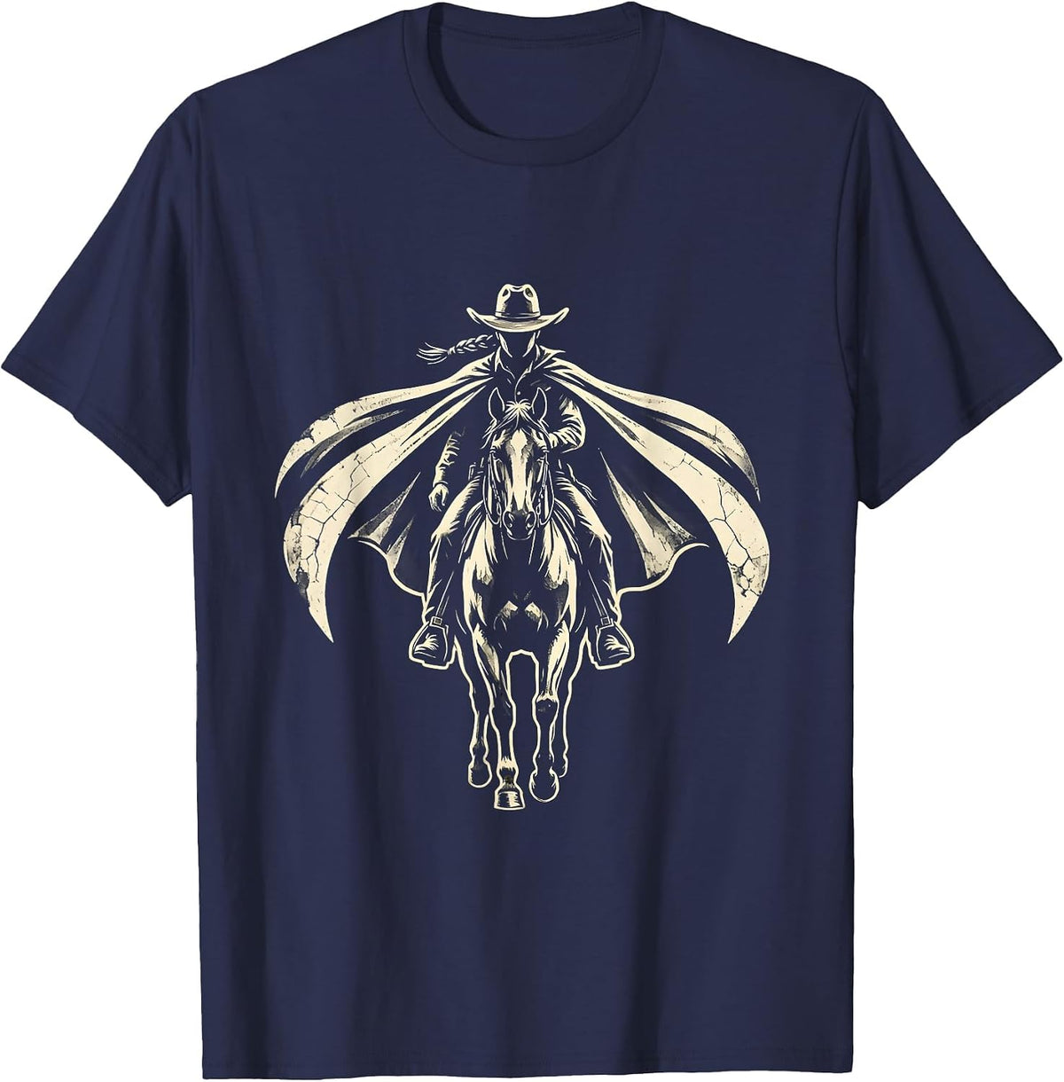 Black Cowgirl Braided Cape Horseback Illustration T-Shirt - Navy Blue