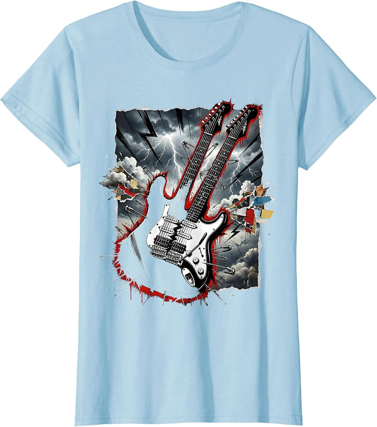 Double-Neck Guitar Stormy Sky Classic Rock Design T-Shirt - Baby Blue