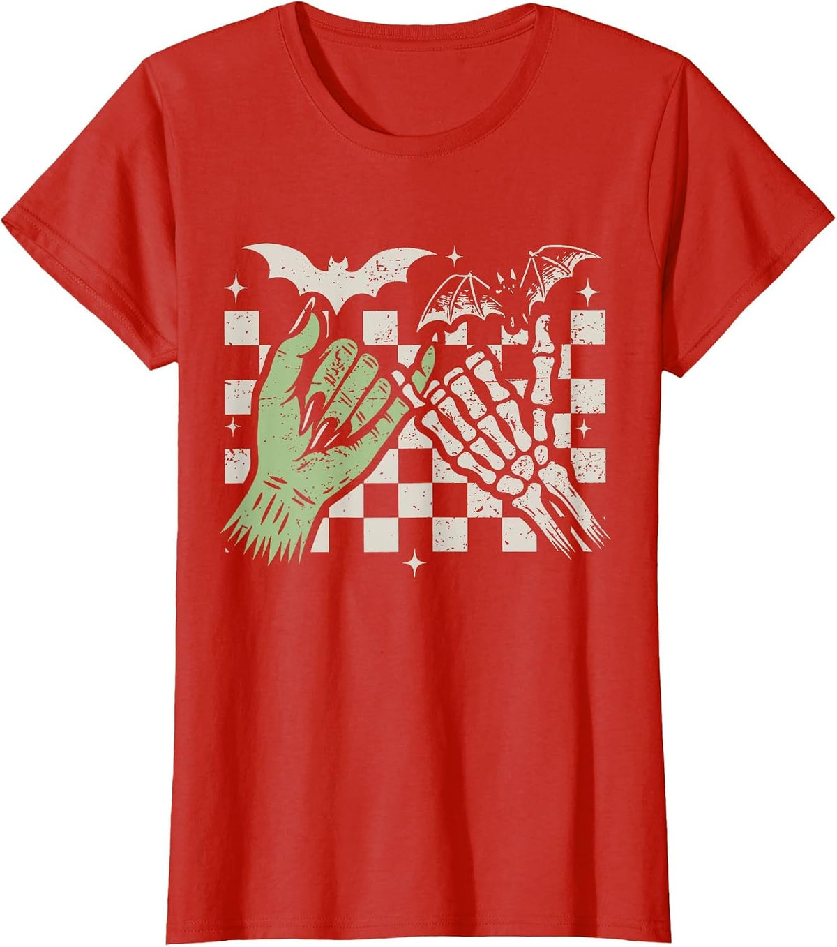 Retro Checkered Pinky Promise Witch Skeleton Halloween T-Shirt - Red