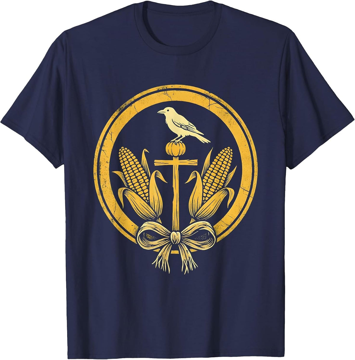 Men's Crow on Scarecrow Fall Cornfield Illustration T-Shirt - Navy Blue