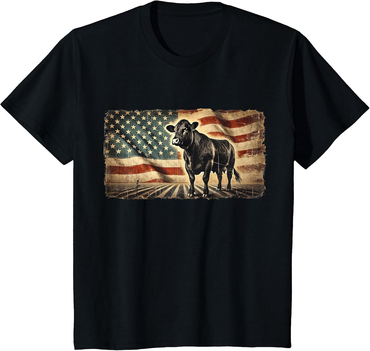 Angus Rancher USA American Flag Cow T-Shirt - Black