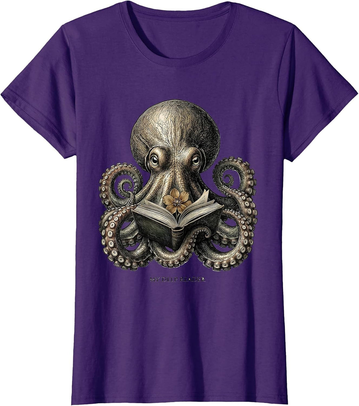 Women's My Deep Reader Botanical Octopus Book Lover Reader Art T-Shirt - Purple