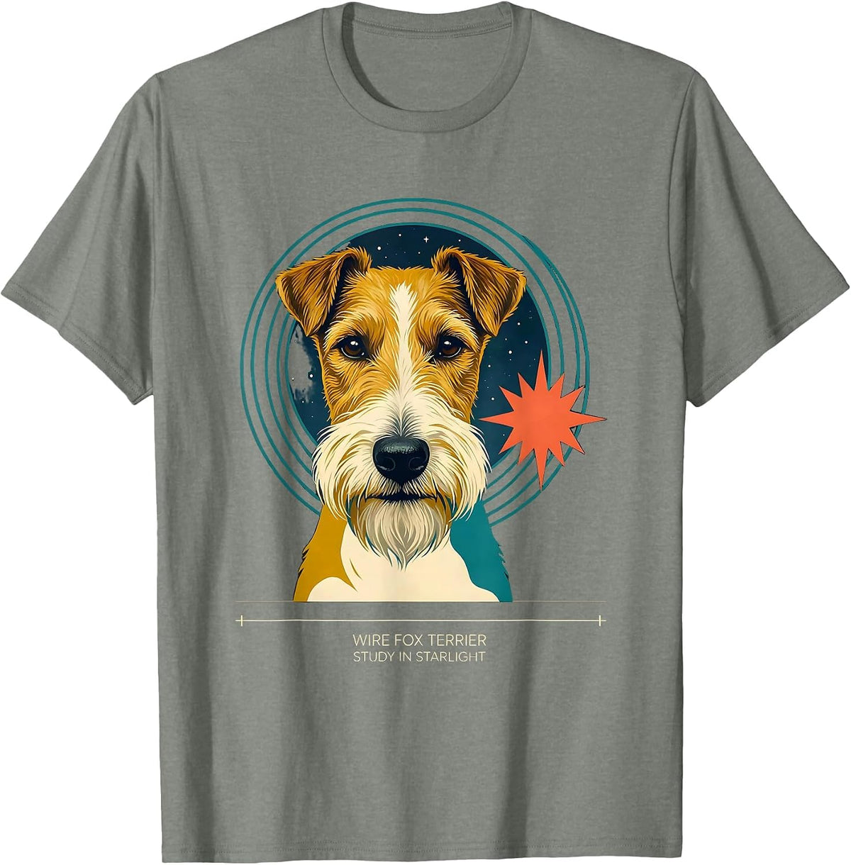 Men's Wire Fox Terrier, Study In Starlight Midcentury Modern Dog T-Shirt - Olive Heather
