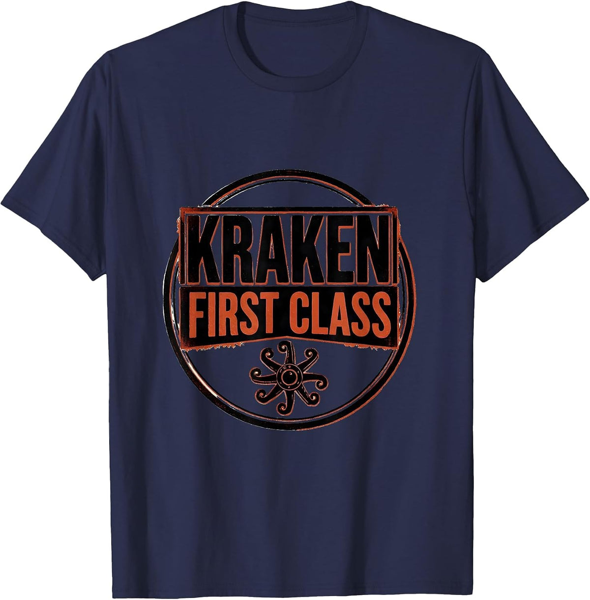 Kraken, First Class Wood Type Letterpress Octopus Lover T-Shirt - Navy Blue