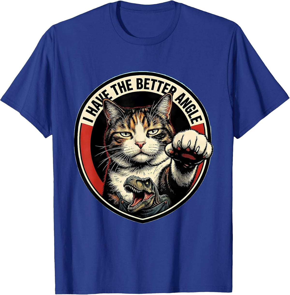 Men's I Have The Better Angle Comic Book Cat Selfie With T-Rex T-Shirt - Royal Blue