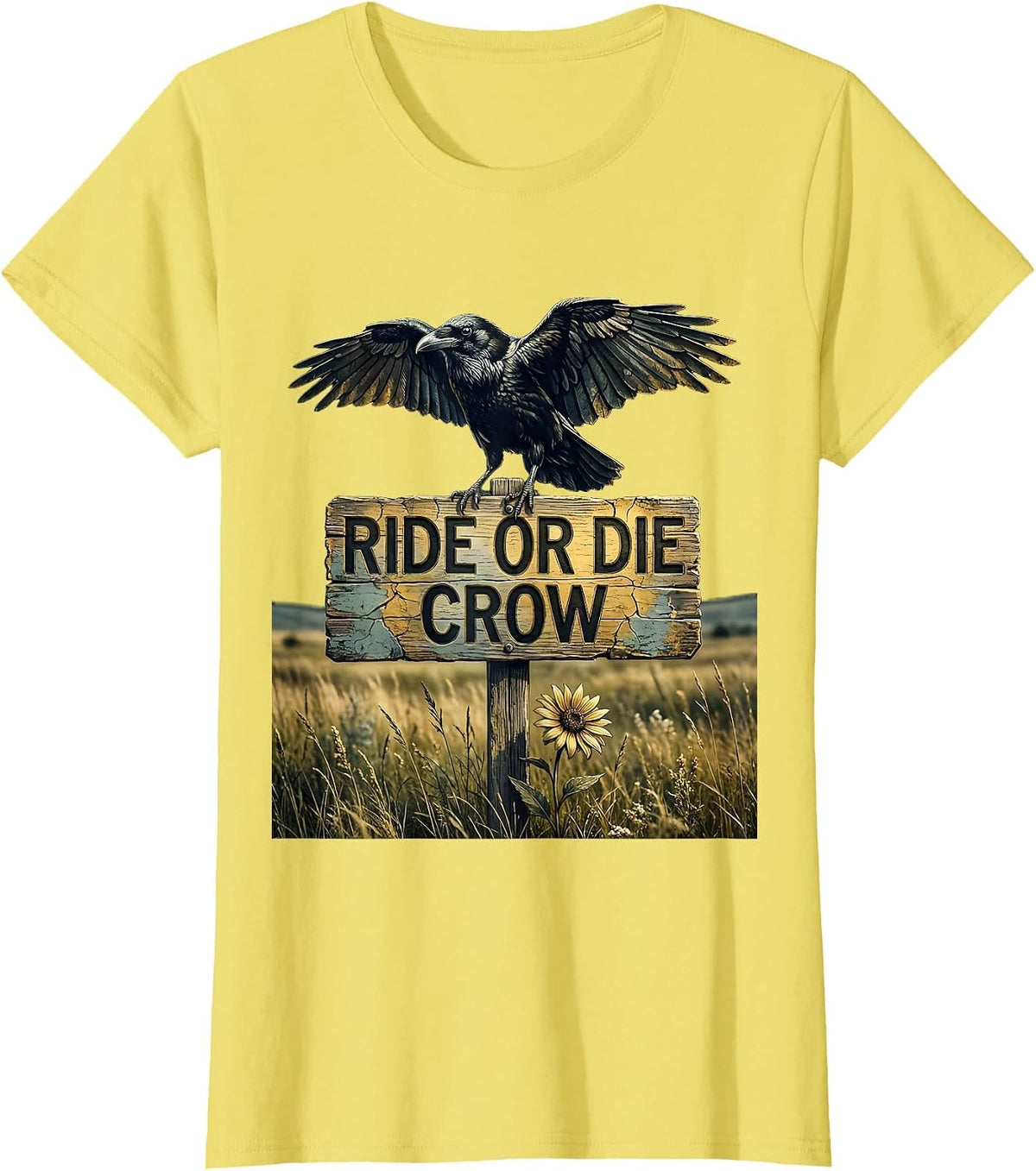 Ride or Die Crow Bold Dark Bird Design T-Shirt - Lemon Yellow