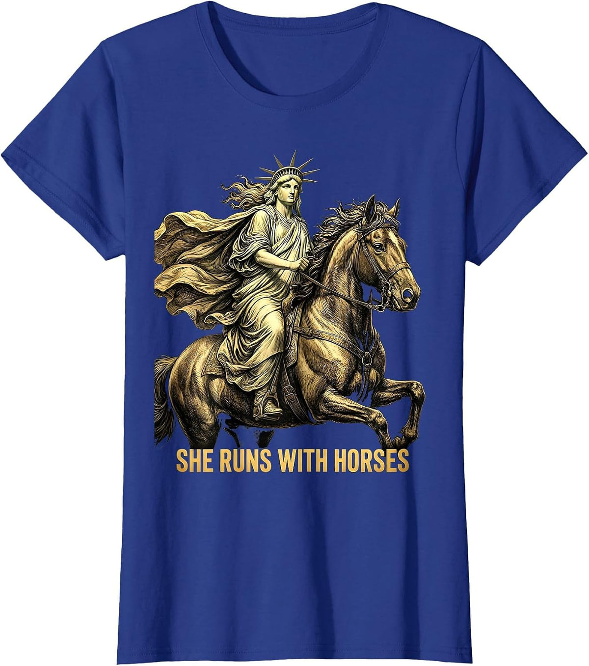 Women's She Runs With Horses Equestrian Design T-Shirt - Royal Blue