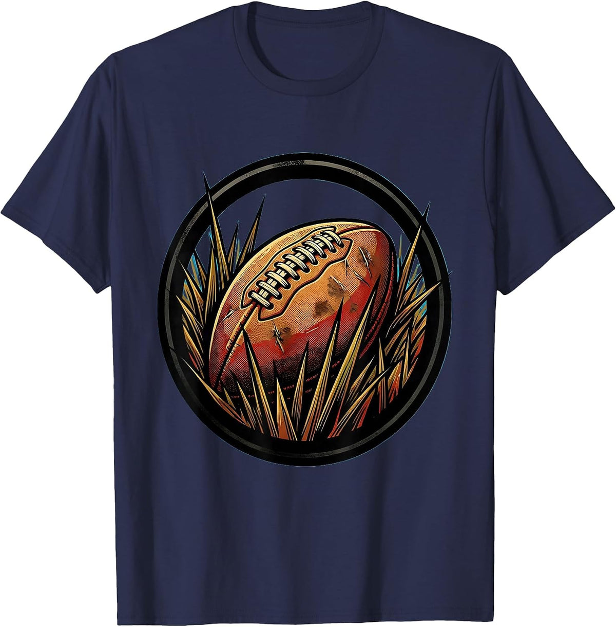 Men's Worn Leather Rugby Ball in Grass Illustration T-Shirt - Navy Blue