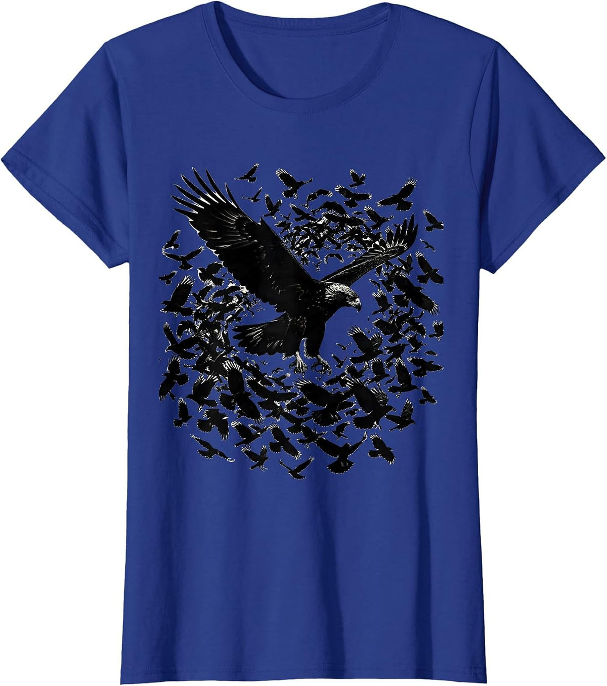 Women's Crow Mob vs Soaring Hawk Wildlife Illustration T-Shirt - Royal Blue