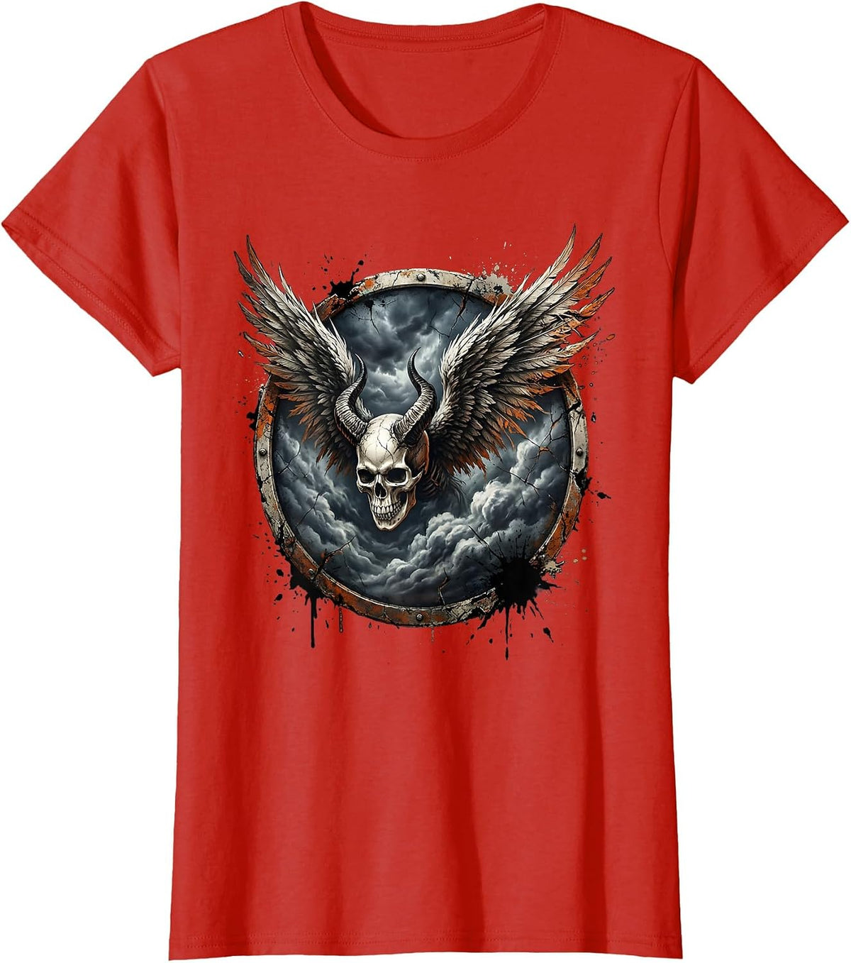 Winged Skull Storm Clouds Metal Band Graphic T-Shirt - Red