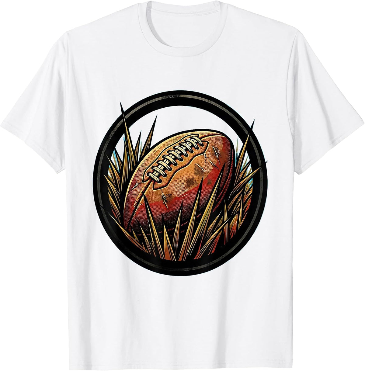 Men's Worn Leather Rugby Ball in Grass Illustration T-Shirt - White