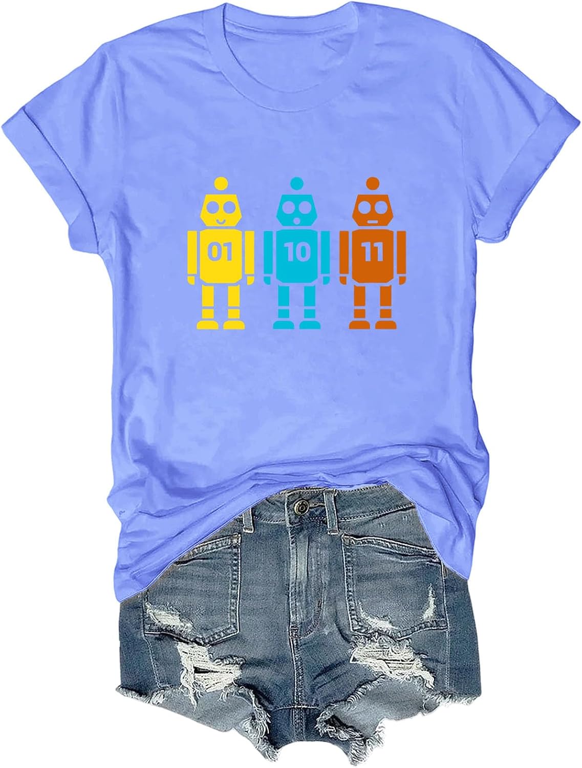 Binary Code Robot T-Shirt, 01 10 11 Coding Shirt Funny Programmer Geek Gift Tee for Men Women - Crewneck Carolina Blue