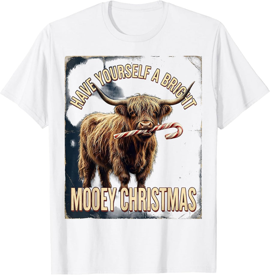 Men's Have Yourself A Bright Mooey Christmas Vintage Highland Cow T-Shirt - White
