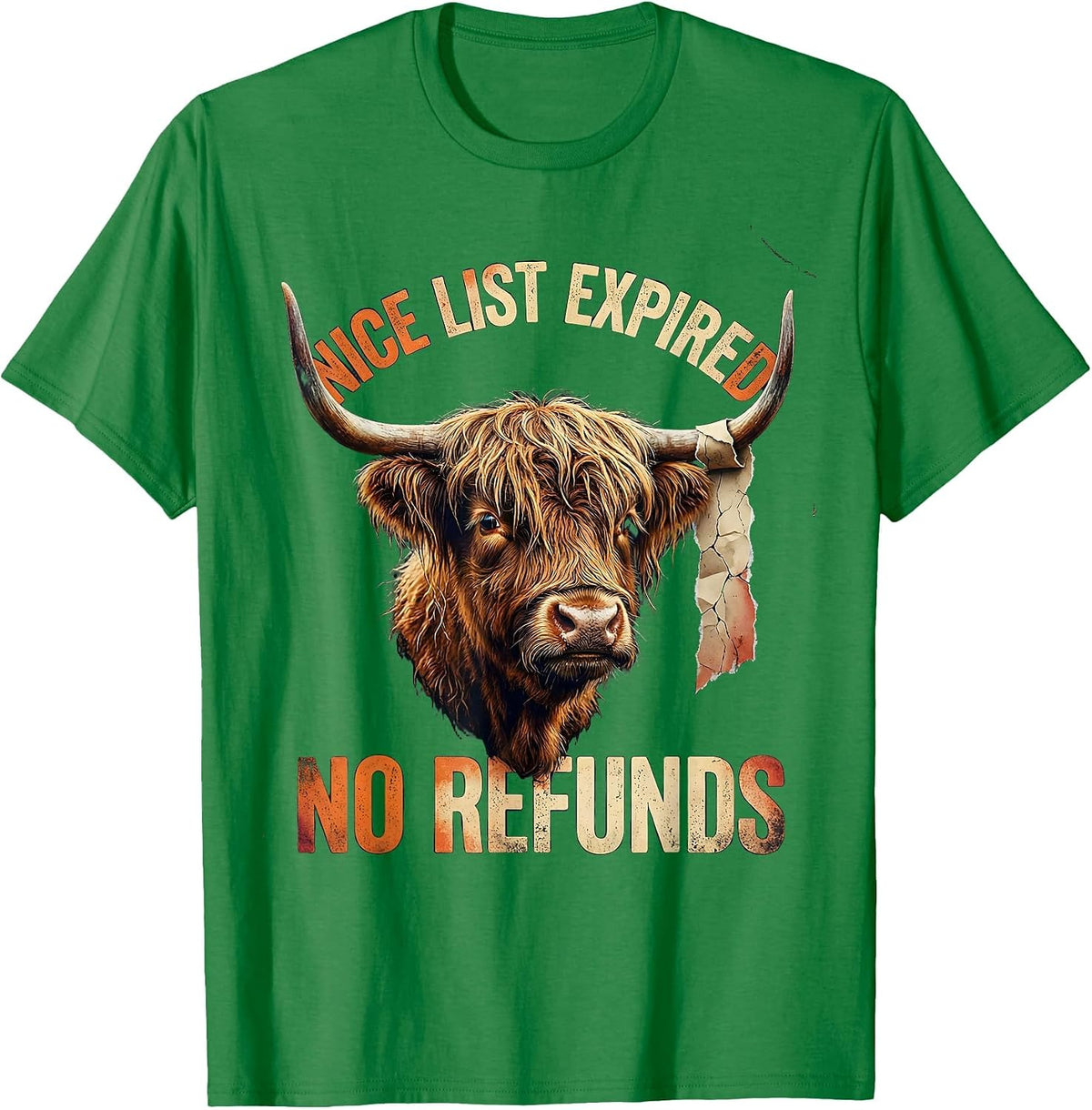 Men's Nice List Expired No Refunds Distressed Highland Cow T-Shirt - Kelly Green