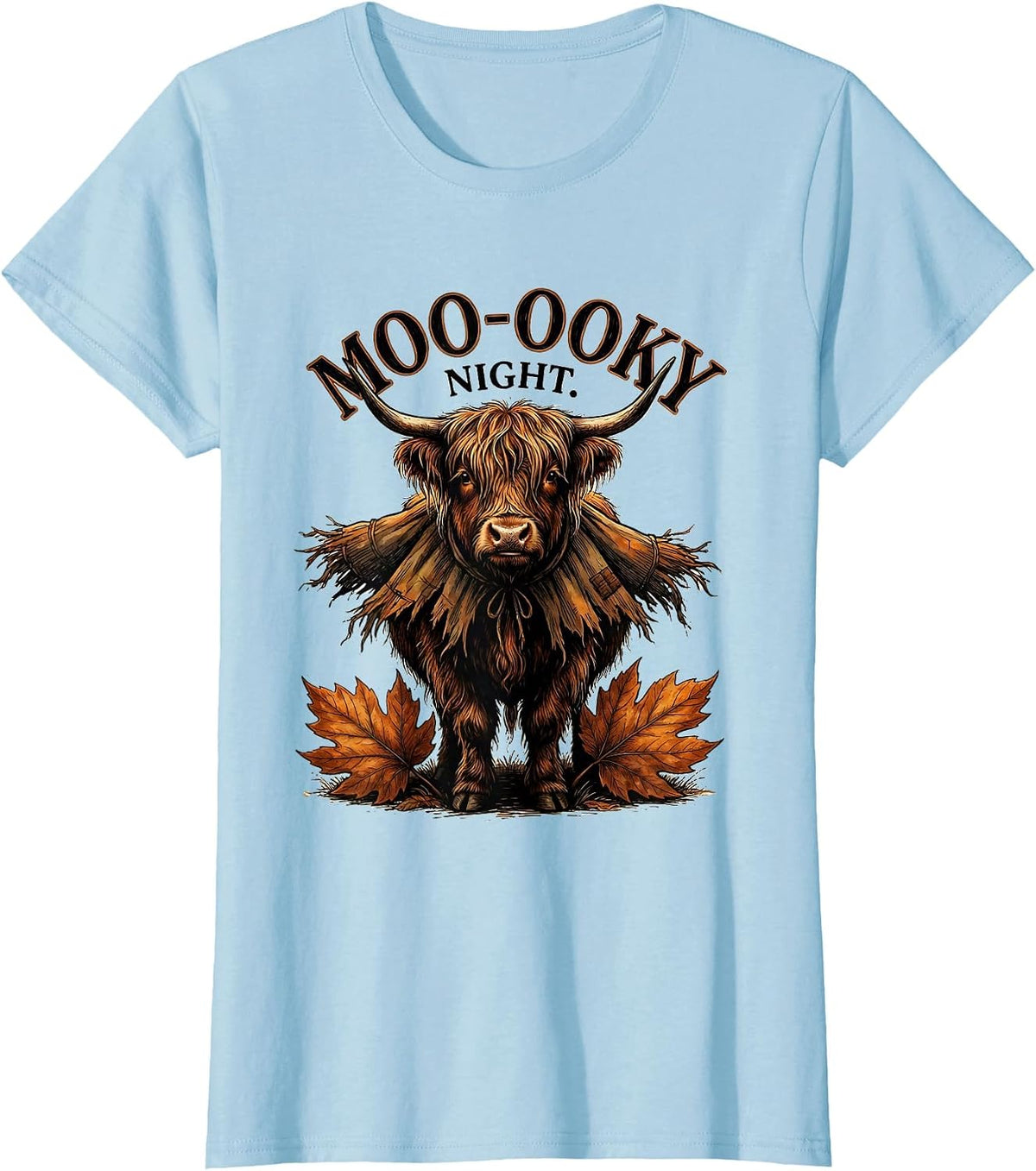 Moo-ooky Night Whimsical Highland Cow Halloween Fall Costume T-Shirt - Baby Blue