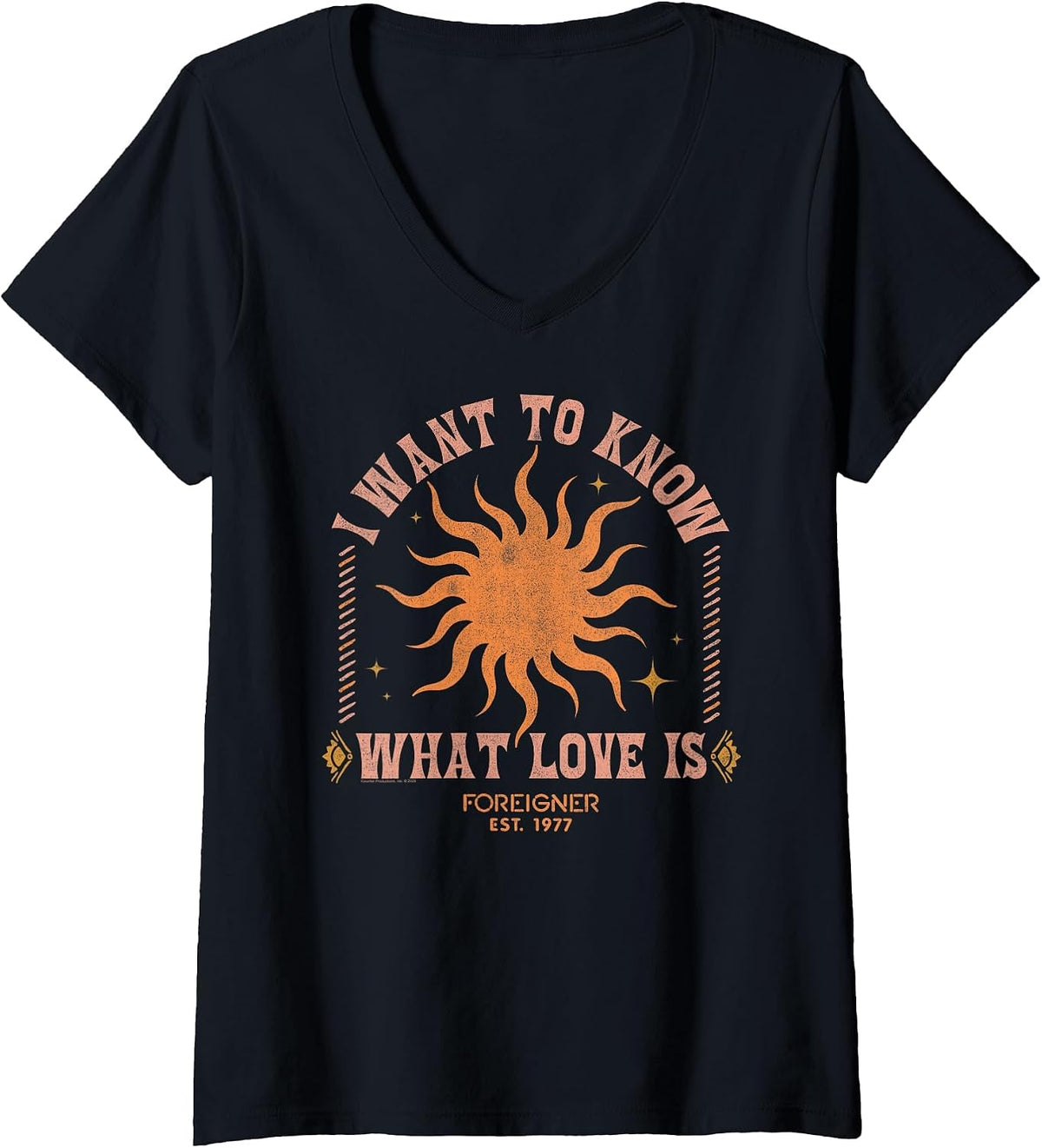 Women's Foreigner I Want to Know What Love is Sun Vintage Band V-Neck T-Shirt - Black