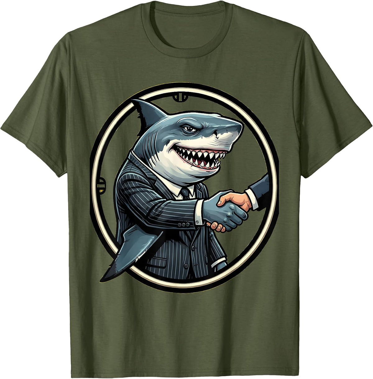 Shark Business Suit Handshake Funny Graphic T-Shirt - Olive Green