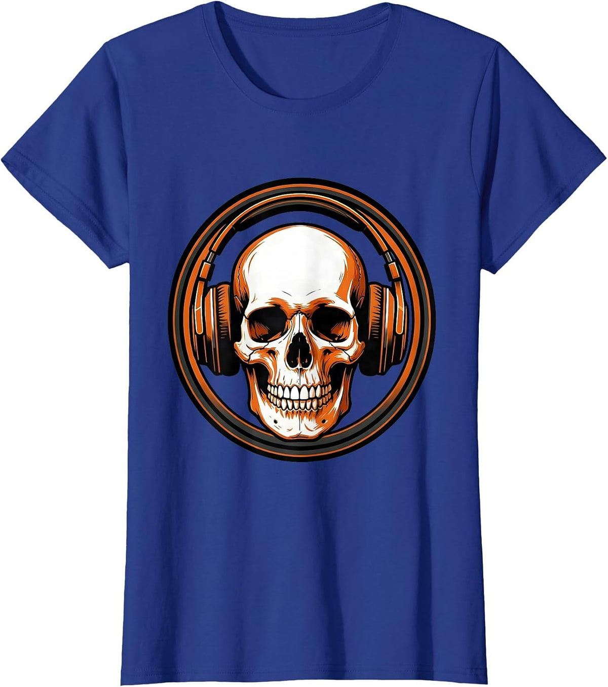 Women's Skull With Oversized Headphones Graphic Tee T-Shirt - Royal Blue