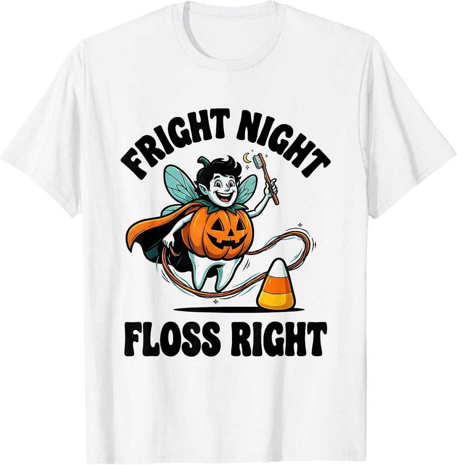 Men's Fright Night, Floss Right Cartoon Dental Humor Halloween T-Shirt - White