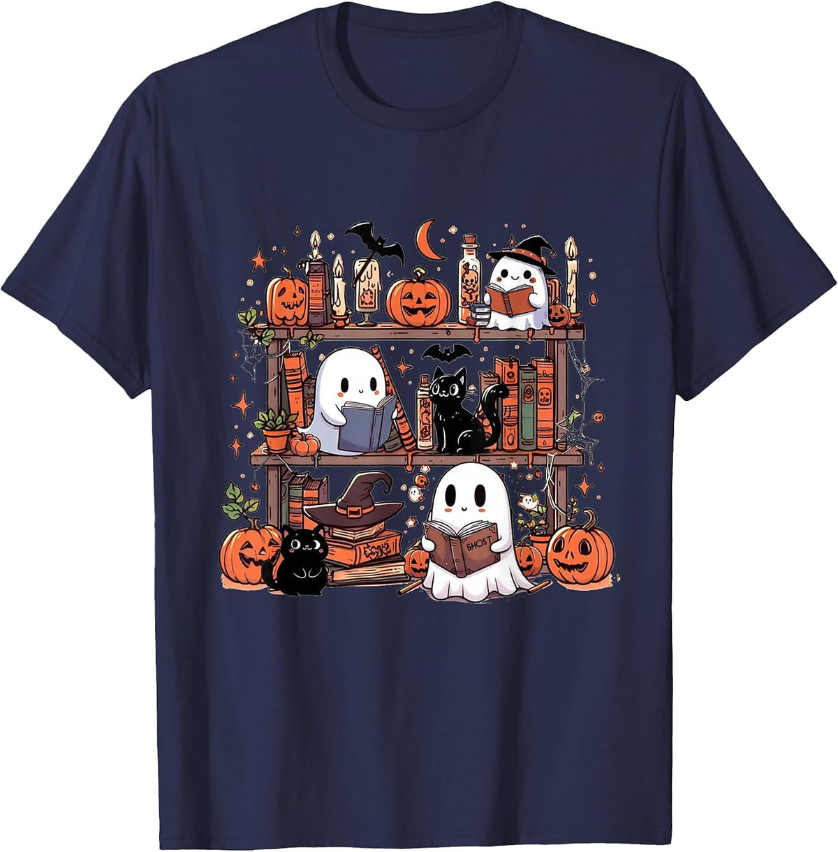 Vintage Bookish Ghost Cute Halloween Reading Romance Spooky T-Shirt - Navy Blue