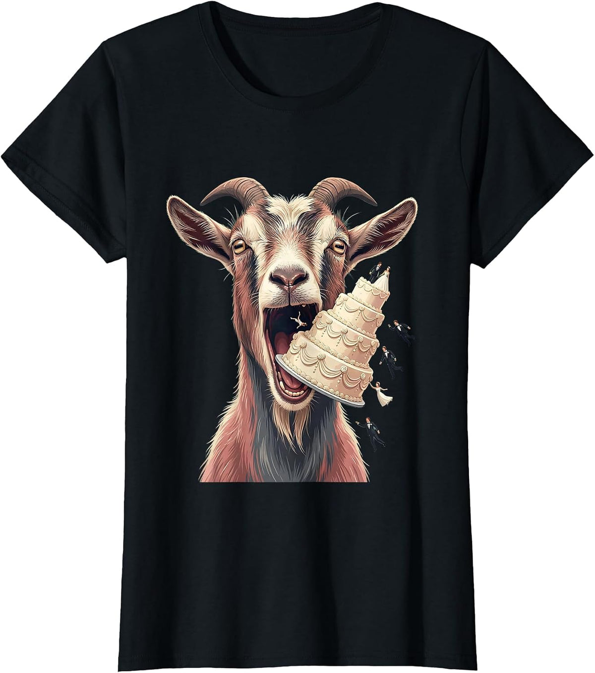 Goat Eating Wedding Cake Funny Animal Illustration T-Shirt - Black