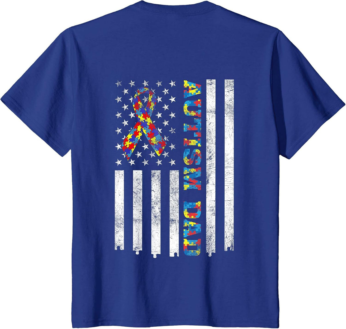 Autism Dad Autism Awareness Ribbon American Flag (On Back) T-Shirt - Royal Blue