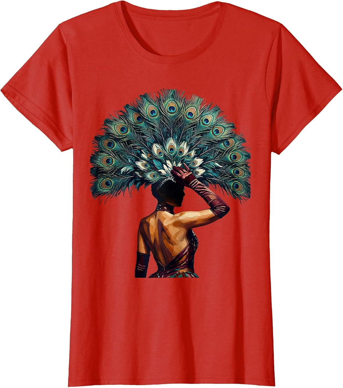 Women's Showgirl Feather Headpiece Backstage Illustration T-Shirt - Red