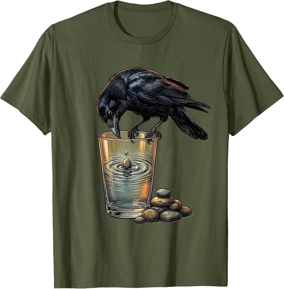 Crow Dropping Stone Into Glass Illustration T-Shirt - Olive Green