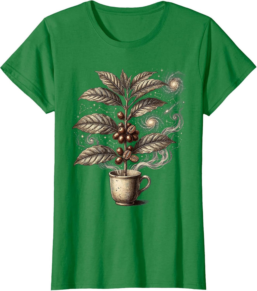 Women's Coffee Galaxy Steam Rising Cosmic Cup Art T-Shirt - Kelly Green