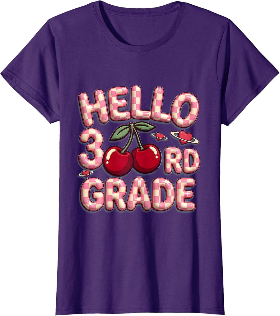 Women's Hello 3rd Grade Cute Leopard Teacher Back To School Girls T-Shirt - Purple